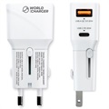 Prio Fast Charge Wereld-Reisadapter met USB-A, USB-C - 20W - Wit