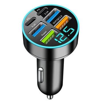 100W 6-poorts snelle autolader PD/QC3.0 - 2x USB-C, 4x USB-A - Zwart