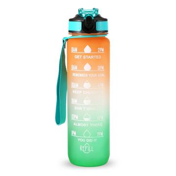 1L Sport Waterfles met Tijdsaanduiding Waterkan Lekvrije Drink Waterkoker voor Kantoor School Kamperen (BPA Vrij) - Oranje/Groen