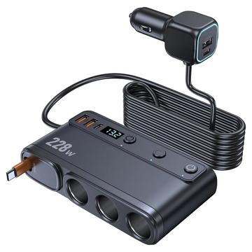 228W 9-in-1 autolader met snellader en splitter voor sigarettenaansteker met onafhankelijke schakelaars en LED-display - zwart