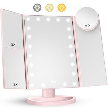 3-Zijdige opvouwbare make-upspiegel met 22 LED-lampjes - 1X/2X/3X/10X vergroting - Roze