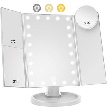3-Zijdige opvouwbare make-upspiegel met 22 LED-lampjes - 1X/2X/3X/10X vergroting - Wit