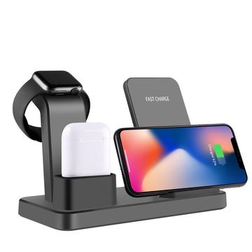 3 in 1 Desktop Verticale Draadloze Oplader Snel Opladen Stand voor iPhone/Apple Watch/Airpods - Zwart