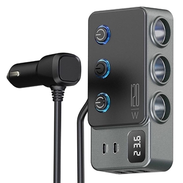 3-in-1 snellader PD 35W - sigarettenaanstekeradapter 120W en 5 USB-poorten - Zwart
