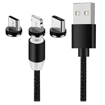 3-in-1 LED Magnetisch Kabel - Lightning, USB-C, MicroUSB - 1m - Zwart