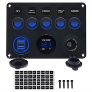Schakelpaneel met 5 schakelaars, voltmeter, USB-oplader en sigarettenaansteker voor campers, boten en schepen