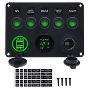 Schakelpaneel met 5 schakelaars, voltmeter, USB-oplader en sigarettenaansteker voor campers, boten en schepen - Groen