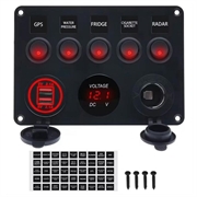Schakelpaneel met 5 schakelaars, voltmeter, USB-oplader en sigarettenaansteker voor campers, boten en schepen - rood