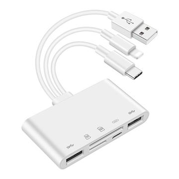 5-in-1 OTG USB Hub / Kaartlezer met Lightning, USB-C, USB-A poorten