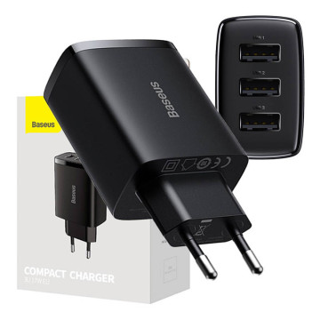 Baseus Compact Snellader CCXJ020101, 3x USB, 17W - Zwart