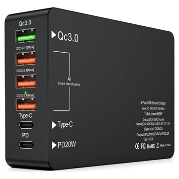 6-Port Snel Oplader met USB-C PD & QC3.0 - 65W - Zwart