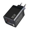 65W GaN-reislader - intrekbare USB-C-kabel, USB-C/USB-A-poorten - zwart