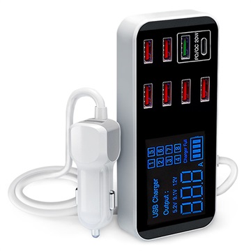 9-Port Autolader met LCD-display WLX-A9S+ - 7xUSB, QC3.0 USB, PD USB-C - 40W