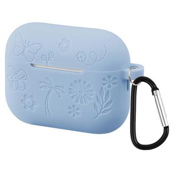 AirPods Pro 3 Vloeibaar Siliconen Hoesje met Bloempatroon en Karabijnhaak - Baby Blauw