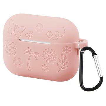 AirPods Pro 3 Vloeibaar Siliconen Hoesje met Bloempatroon en Karabijnhaak - Licht Roze