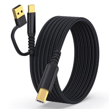 Gevlochten 2-in-1 USB-A / USB-C naar USB-B printerkabel - 5m - Zwart