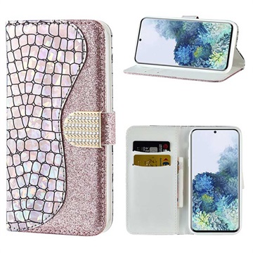 Croco Bling Serie Samsung Galaxy S21 5G Portemonnee Hoesje - Rose Gold