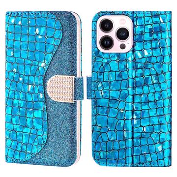 Croco Bling Serie iPhone 14 Pro Portemonnee Hoesje - Blauw