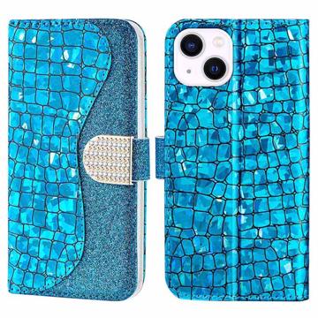 Croco Bling Serie iPhone 14 Portemonnee Hoesje - Blauw