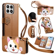 Xiaomi 17 schattige kattenportemonneehoes met kaarthouder, vak met ritssluiting en polsbandje - bruin