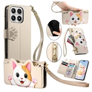 Xiaomi 17 schattige kattenportemonneehoes met kaarthouder, vak met ritssluiting en polsbandje - kaki