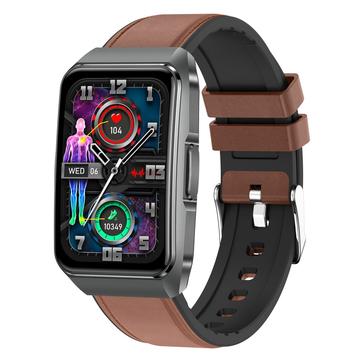 ET650 Smart Horloge met Lichaamstemperatuur, Gezondheidsmonitor en Bluetooth bellen - Lederen & Siliconen band - Bruin