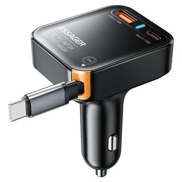 Essager 65W snelle autolader met intrekbare USB-C kabel - Zwart