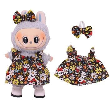 Bloemen Feestjurk & Strikje Hoofdband voor Labubu Minifiguur 17cm - Bruin