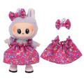 Bloemen Feestjurk & Strikje Hoofdband voor Labubu Minifiguur 17cm - Hot Pink