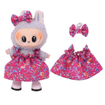 Bloemen Feestjurk & Strikje Hoofdband voor Labubu Minifiguur 17cm - Hot Pink