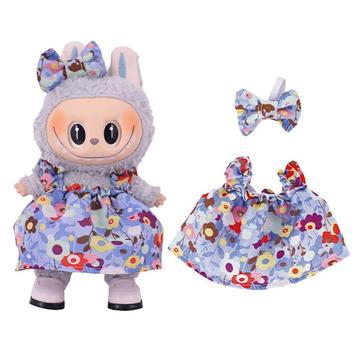 Bloemen Feestjurk & Strikje Hoofdband voor Labubu Minifiguur 17cm - Lichtblauw