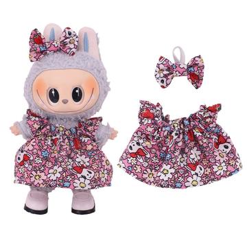 Bloemen Feestjurk & Strikje Hoofdband voor Labubu Minifiguur 17cm - Roze