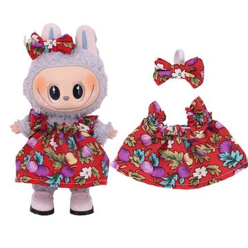 Bloemen Feestjurk & Strikje Hoofdband voor Labubu Minifiguur 17cm - Rood