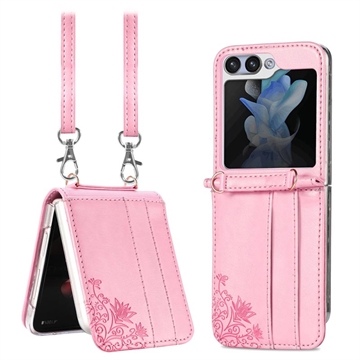 Samsung Galaxy Z Flip5 Floral Print Hoesje met Band - Roze