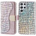 Croco Bling Serie Samsung Galaxy S23 Ultra 5G Portemonnee Hoesje - Rose Gold