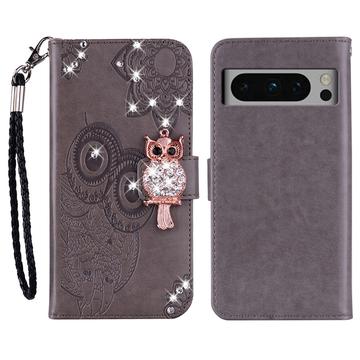 Google Pixel 8 Pro Uil Strass Portemonnee Hoesje - Grijs