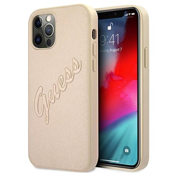 Guess Saffiano Vintage Script iPhone 12/12 Pro Hoesje - Goud