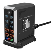 HHW 660W GaN 10-poorts USB-C oplaadstation met display - 6xUSB-C, 4xUSB-A - Zwart