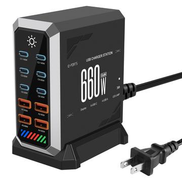 HHW 660W GaN 10-poorts USB-C oplaadstation met display - 6xUSB-C, 4xUSB-A - Zwart