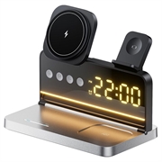 HT-568 3-in-1 magnetische draadloze oplader met wekker en bureaulamp - Zwart