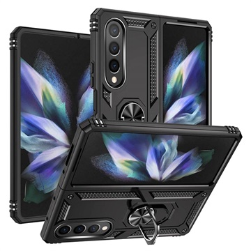 Samsung Galaxy Z Fold4 Hybride Hoesje met Metalen Standaard - Zwart