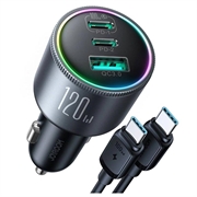 Joyroom krachtige 3-poorts PD QC-autolader incl. 1.2m USB-C-kabel - 145W - donkergrijs