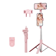 K50 Dubbele Telefoonclip Bluetooth Selfie Stick Statief met Afstandsbediening - Roze