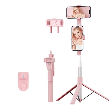 K50 Dubbele Telefoonclip Bluetooth Selfie Stick Statief met Afstandsbediening - Roze