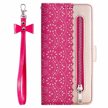 Lace Pattern Samsung Galaxy A21s Portemonne Case Met Standaard - Hot Pink
