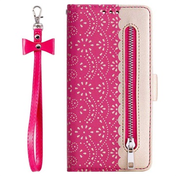 Lace Pattern Samsung Galaxy A20s Wallet Case - Hot Pink