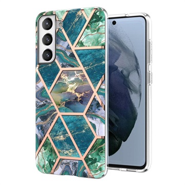 Marble Pattern Gegalvaniseerd IMD Samsung Galaxy S21 FE 5G TPU Hoesje - Groen / Blauw