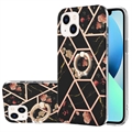 iPhone 15 Plus Marble Pattern IMD TPU Case met Ring Houder - Zwart