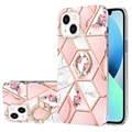 iPhone 15 Plus Marble Pattern IMD TPU Case met Ring Houder - Roze / Wit