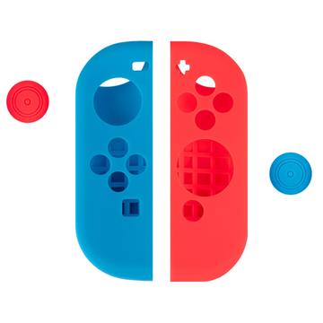 Nintendo Switch Controller Silicone Hoesje met Duim Grip Caps - Rood / Blauw